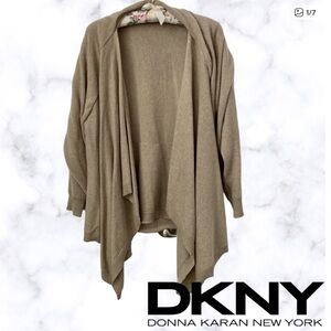 FLASH SALE 🛑 DKNY Sweater S-S Tan Cashmere Draped Open Front Cardigan Wrap